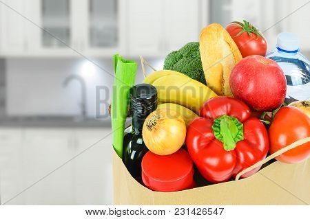 Grocery Shopping Concept Image - Eco Friendly Paper Shopping Bag Filled With Various Food Products I