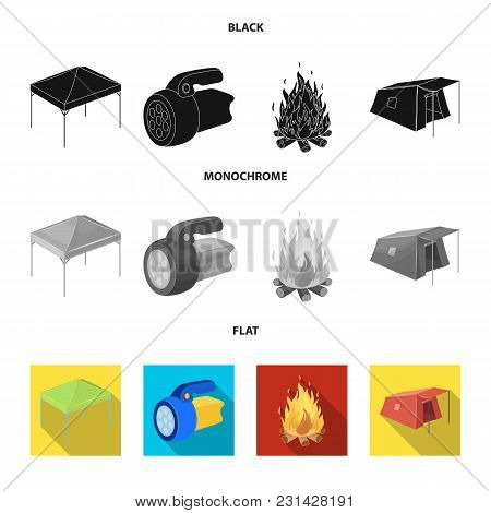 Awning, Fire And Other Tourist Equipment.tent Set Collection Icons In Black, Flat, Monochrome Style 
