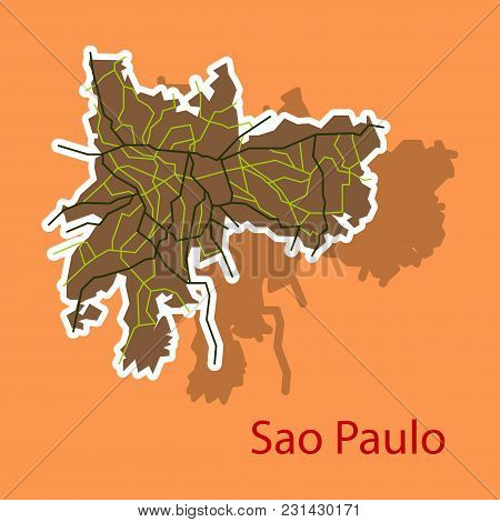 Sao Paulo, Brazil, Sticker Map Isolated On Background. High Detailed Silhouette Illustration.