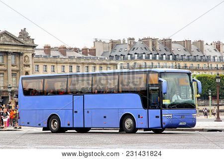 Paris, France - August 8, 2014: Touristic Coach Bus Van Hool T915 Alicron In The City Street.