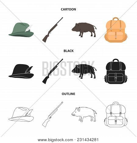 A Hunting Hat With A Feather, A Wild Boar, A Rifle, A Backpack With Things..hunting Set Collection I