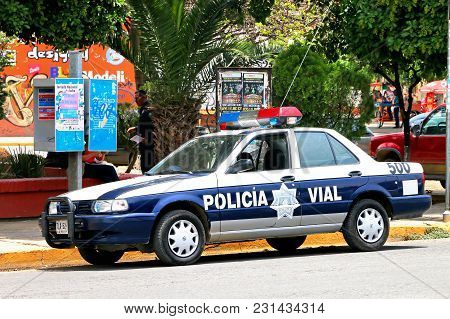 Oaxaca, Mexico - May 25, 2017: Police Car Nissan Tsuru In The City Street.