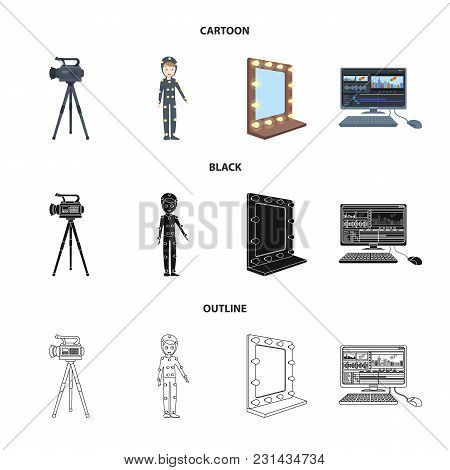 A Movie Camera, A Suit For Special Effects And Other Equipment. Making Movies Set Collection Icons I
