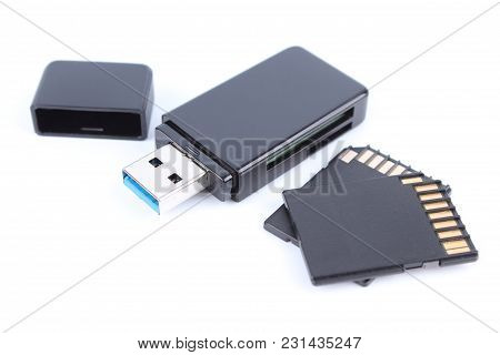 Usb Memory Stick Or Usb Flash Drive And Sd Card Or Micro Sd Isolated On White Background
