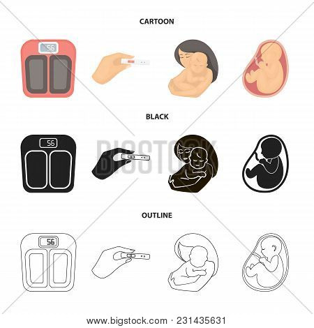 Child In The Womb, Scales, Test. Pregnancy Set Collection Icons In Cartoon, Black, Outline Style Vec