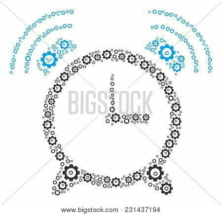 Buzzer Collage Of Cog Wheels. Vector Gearwheel Symbols Are Composed Into Buzzer Shape.