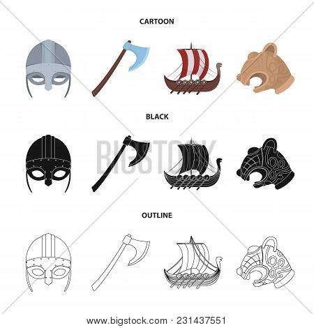 Viking Helmet, Battle Ax, Rook On Oars With Shields, Dragon, Treasure. Vikings Set Collection Icons 