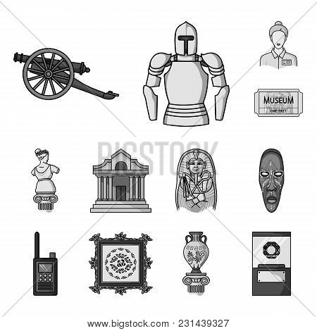 Museum And Gallery Monochrome Icons In Set Collection For Design. Storage And Exhibition Of Showpiec