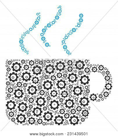 Coffee Cup Composition Of Gear Elements. Vector Gear Wheel Components Are Composed Into Coffee Cup F
