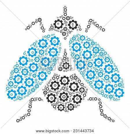 Fly Insect Collage Of Gear Wheels. Vector Mechanical Wheel Components Are United Into Fly Insect Mos