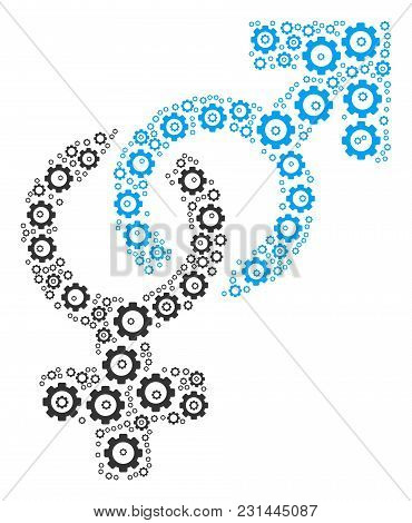 Heterosexual Symbol Mosaic Of Gearwheels. Vector Cog Wheel Objects Are United Into Heterosexual Symb