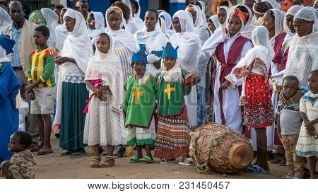 Turmi, Ethiopia - September 2017: Unidentified Ethiopian People Celebrating The Meskel Festival In E