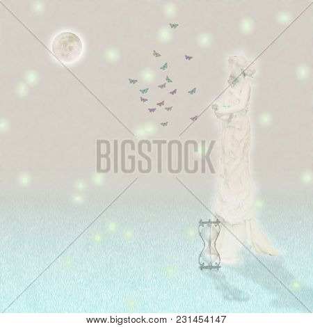 Woman`s marble statue and butterflies. Glowing moon and hourglass. 3D rendering