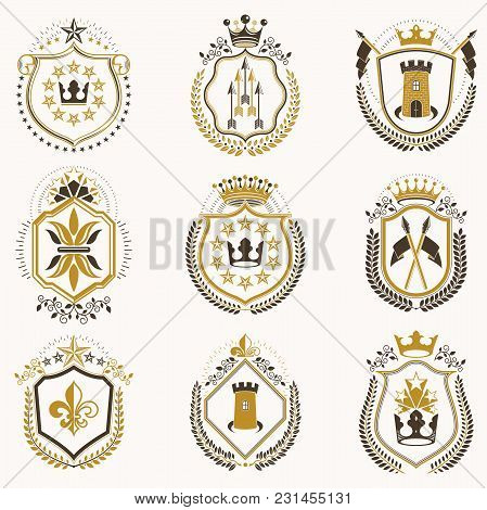 Set Of Vector Vintage Emblems Created With Decorative Elements Like Crowns, Stars, Bird Wings, Armor