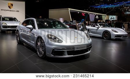 Geneva, Switzerland - March 7, 2018: Porsche Panamera Sport Turismo Sports Car Presented At The 88th