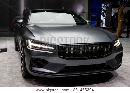 Geneva, Switzerland - March 7, 2018: New Polestar 1 Hybrid Car Presented At The 88th Geneva Internat