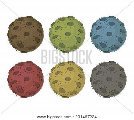6 Multi-colored Vector Moons With Craters Isolated On White Background Set.