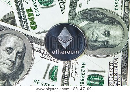 Ethereum And Callisto Coins On Dollar Background. Cryptocurrency Eth Clo.