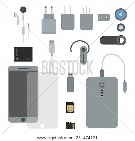 Phone Accessories Set Flat Vector Illustration. Concept Kit For A Smart Phone. Mobile, Uk, Us, Eu, A