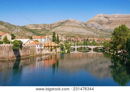 View Of Trebisnjica River And Trebinje City  On A Sunny Summer Day. Bosnia And Herzegovina