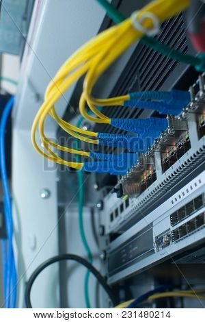 Fiber cables connected to switch in a datacenter.