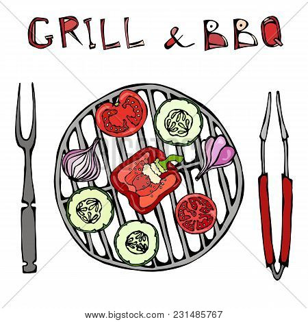 Vegetarian Grill. Vegetable Bbq. Picnic And Barbeque Appliances Tongs And Fork. Tomato, Bell Pepper,