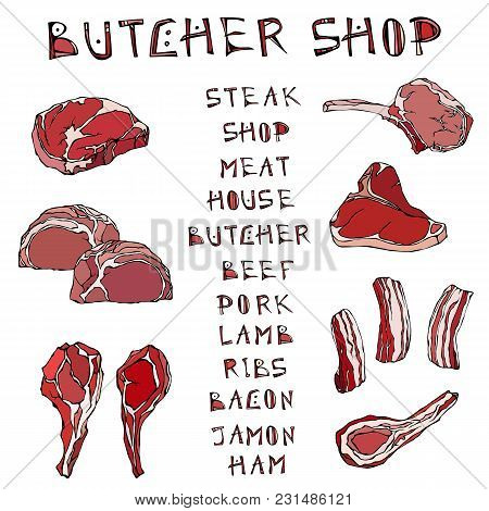 Meat Set With Lettering. Steak House Or Butcher Shop Or Restaurant Menu. Lamb, Pork, Ribs, Bacon. Ha