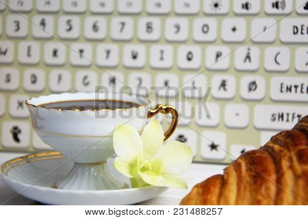 Vintage Coffee Cup With Espresso On A Saucer, Croissant Or Biscuit, Green Orchid Flower And Imitatio