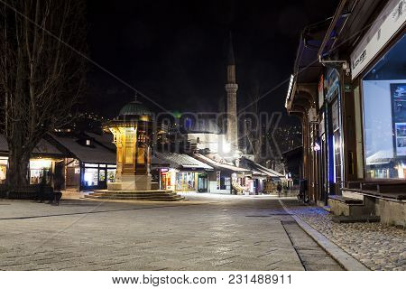Sarajevo, Bosnia-erzegovina  - February, 16: Night View Of The Sebilj Wooden Fountain And Bascarsijs