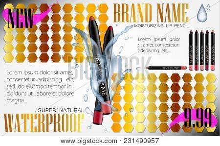 Cosmetic Product Make-up Eye Liner Promotion Ads. Pencils Vector Banner Design. Lipliner Pens For Co