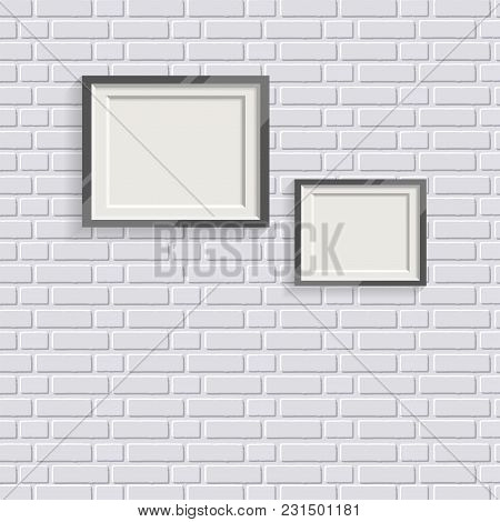 Black Realistic Picture Frame On White Painted Brick Wall Seamless Pattern Vector Background. Modern