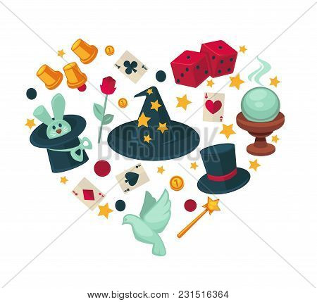 Equipment For Magic Show In Heart Shape. Cone Magician Hat, Classic Cylinder, White Dove, Cute Rabbi