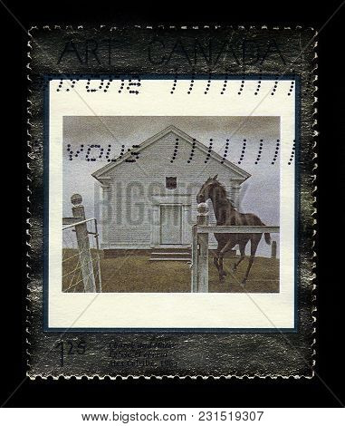 Canada - Circa 2002: A Stamp Printed In Canada Shows Church And Horse, 1964, Painting By Canadian Pa