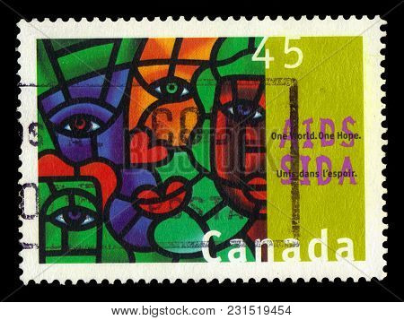 Canada - Circa 1996: A Stamp Printed In Canada Shows One World, One Hope Painting By Canadian Painte