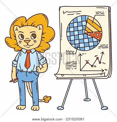 Lion Teacher With A Board On A Tripod. Vector Illustration.