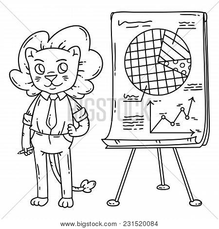 Lion Teacher With A Board On A Tripod. Vector Illustration. Coloring Page.
