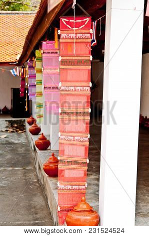 Flags And Pots At Jomthong Temple In Phayao Province.