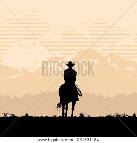 Silhouette Of Lonesome Cowboy Riding Horse At Sunset, Vector Illustration