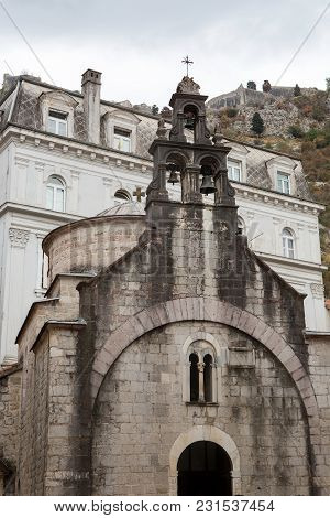 Kotor, Montenegro - September 25: Entrance To The Old Stone Of St. Luke Church In The Port City In A