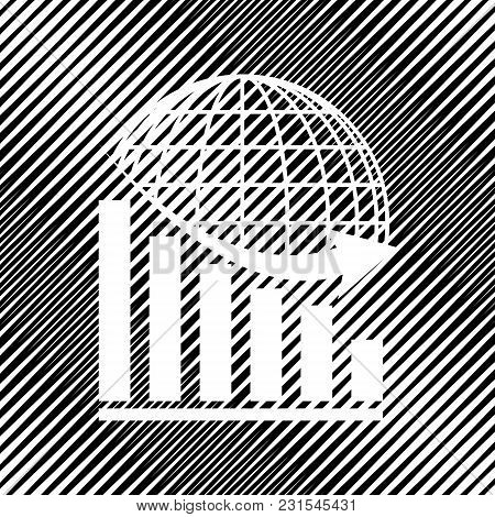 Declining Graph With Earth. Vector. Icon. Hole In Moire Background.