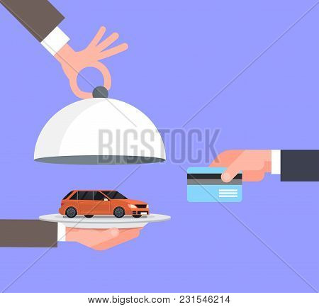 Seller Man Hand Giving Vechicle On Tray To Owner With Credit Card, Car Purchase Sale Or Rental Conce