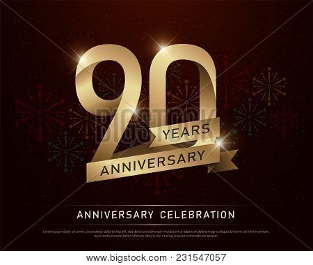 90th Years Anniversary Celebration Gold Number And Golden Ribbons With Fireworks On Dark Background.