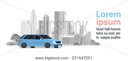 New Vechicle Over Silhouette City Buildings Background With Copy Space Vector Illustration