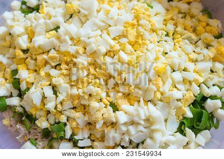 Background Of Chopped Boiled Egg Of Green Onion And Chicken Fillet.