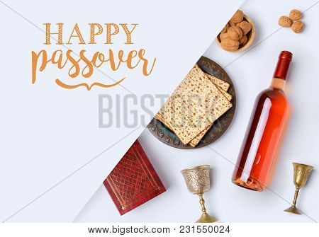 Jewish Holiday Passover Banner Design With Wine, Matzo And Seder Plate On White Background. View Fro