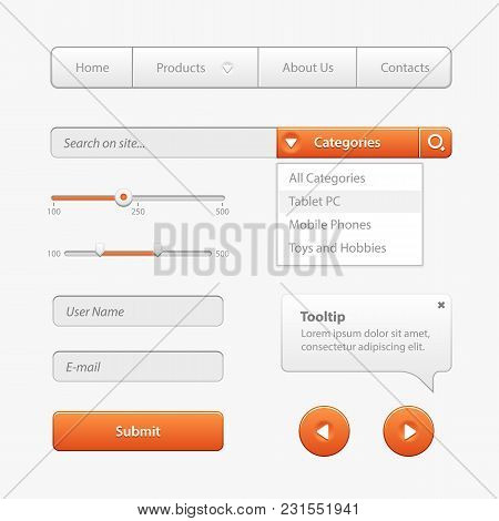 Orange Light User Interface Controls. Web Elements. Website, Software Ui: Navigation Bar, Input Sear