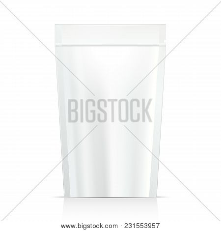 White Mock Up Blank Foil Food Or Drink Doypack Bag Packaging. Plastic Pack Template Ready For Your D