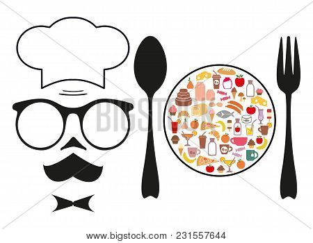 The Chef And Food. Grocery. Set Of Icons. Vector Illustration