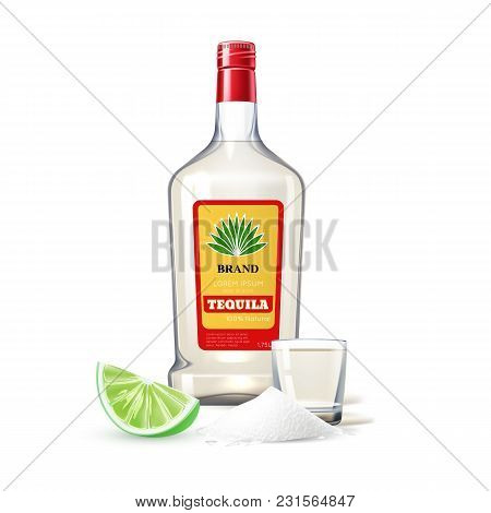 Realistic Tequila Glass Bottle Shot With Lime Slice, Salt Powde. Traditional Mexican Alcohol Drink P