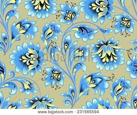 Floral Seamless Pattern. Flower Ornament. Ornamental Festive Background In Ethnic Russian Style